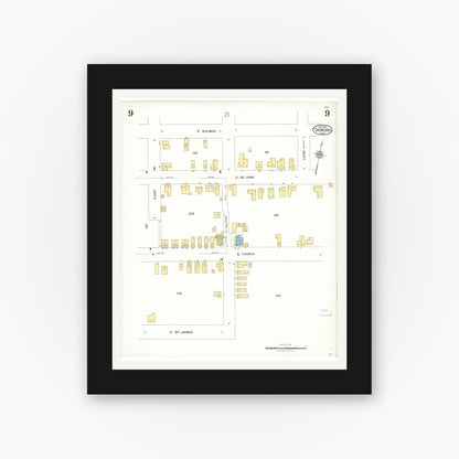 Old map wall art mockup — black gallery frame with white mat — Sanborn Fire Insurance Map from Tarboro, Edgecombe County, North Carolina (1923), Sheet #0009