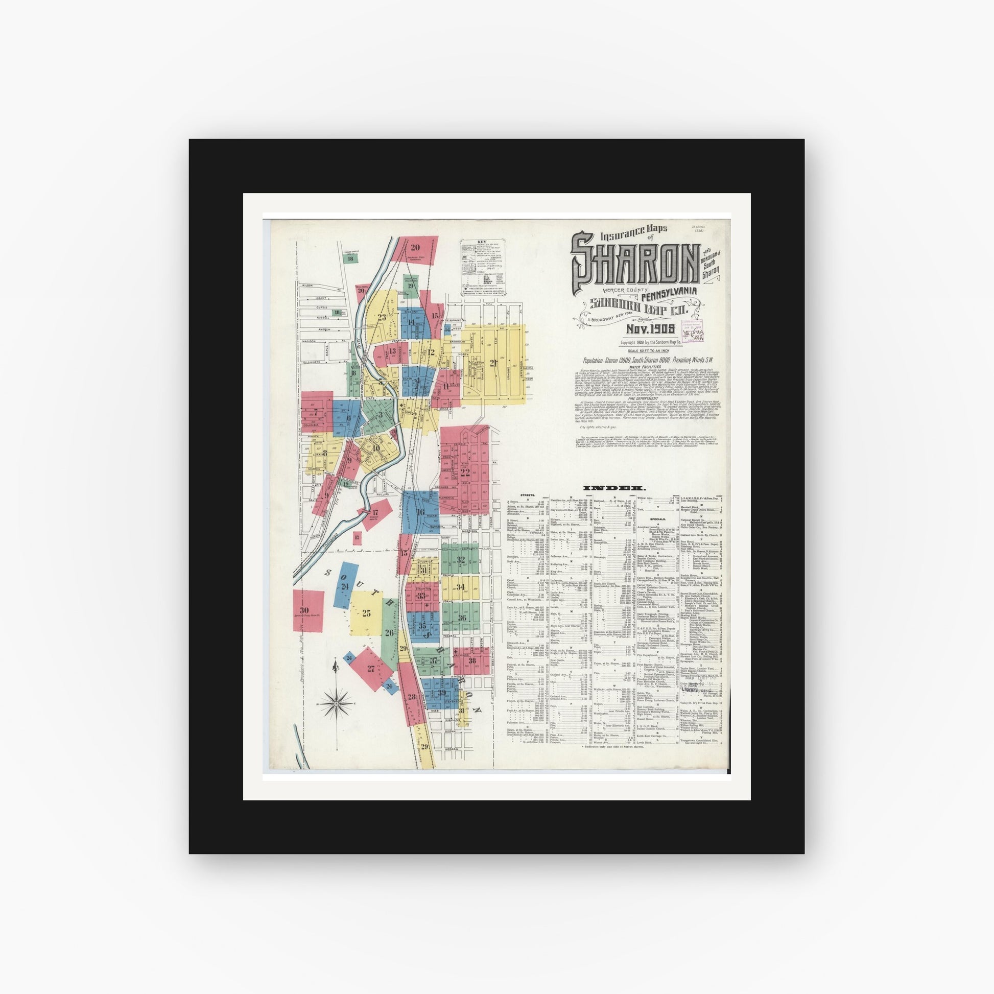 Old map wall art mockup — black gallery frame with white mat — Sanborn Fire Insurance Map from Sharon, Mercer County, Pennsylvania (1908) - Complete Map Set