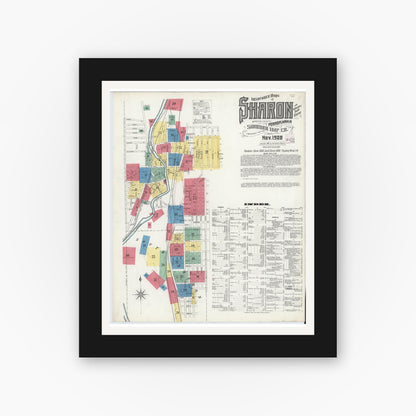 Old map wall art mockup — black gallery frame with white mat — Sanborn Fire Insurance Map from Sharon, Mercer County, Pennsylvania (1908) - Complete Map Set