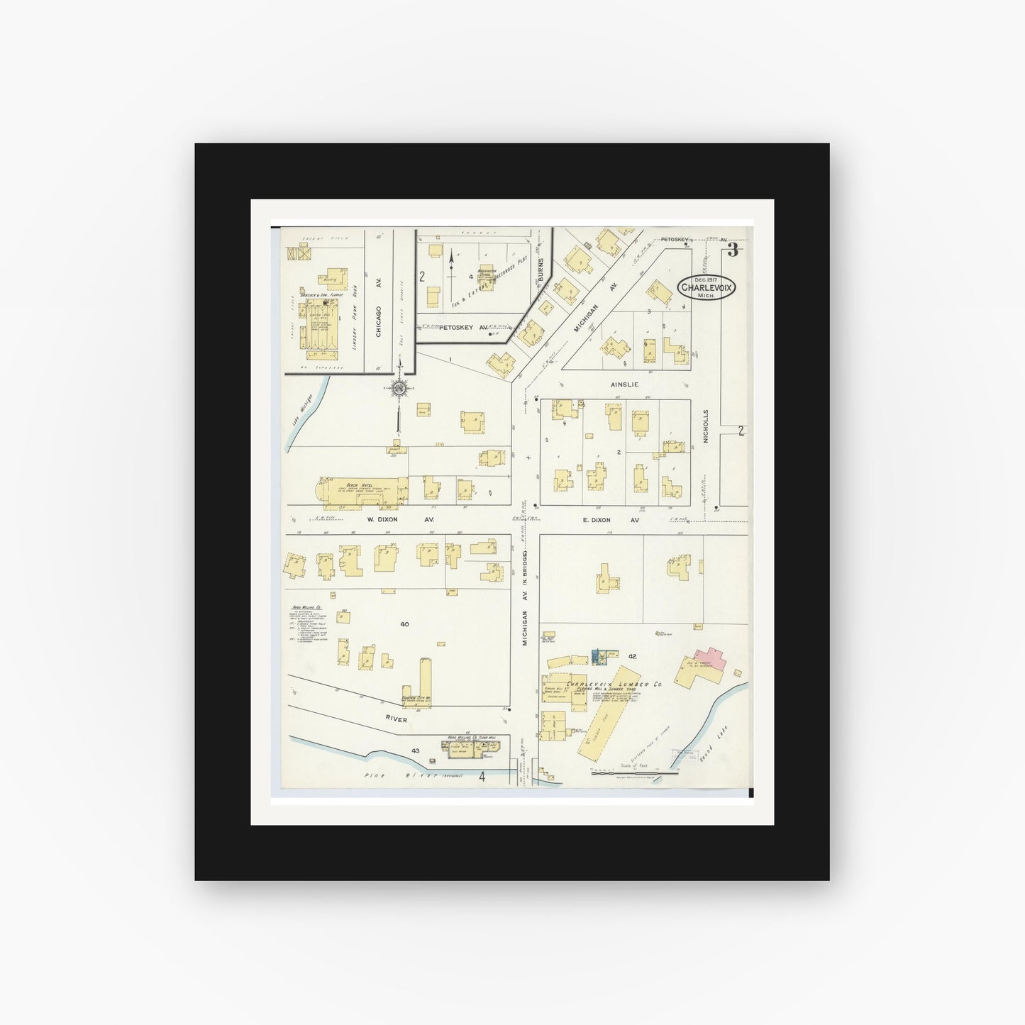Old map wall art mockup — black gallery frame with white mat — Sanborn Fire Insurance Map from Charlevoix, Charlevoix County, Michigan (1917), Sheet #0003