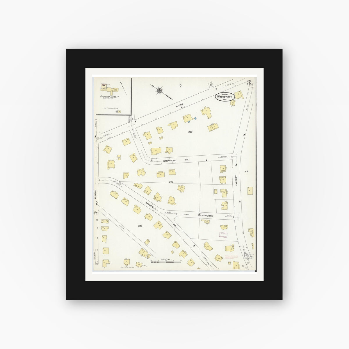 Old map wall art mockup — black gallery frame with white mat — Sanborn Fire Insurance Map from Winchester, Middlesex County, Massachusetts (1910), Sheet #0003
