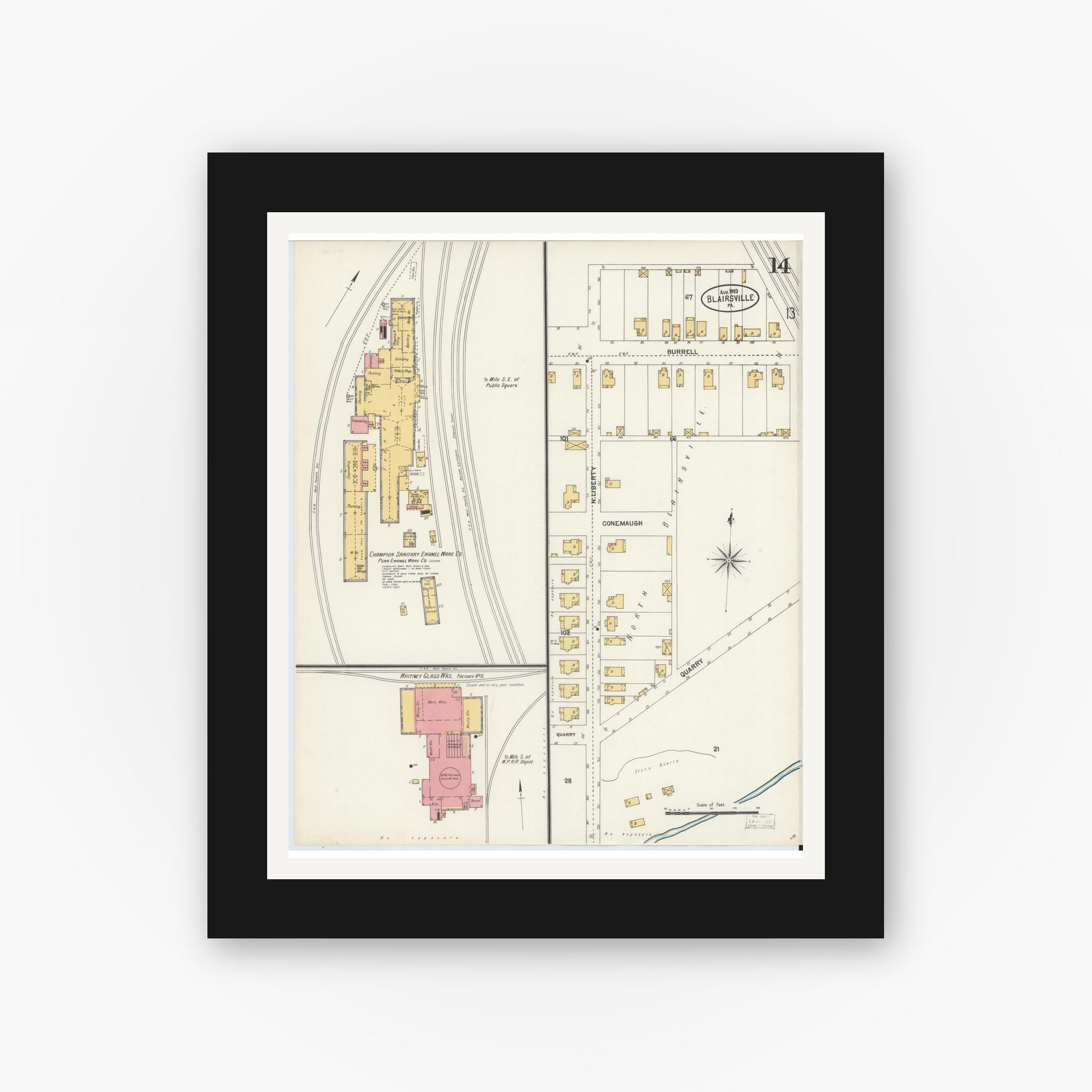 Old map wall art mockup — black gallery frame with white mat — Sanborn Fire Insurance Map from Blairsville, Indiana County, Pennsylvania (1903), Sheet #0014