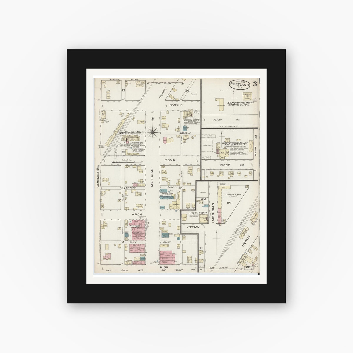 Old map wall art mockup — black gallery frame with white mat — Sanborn Fire Insurance Map from Portland, Jay County, Indiana (1886), Sheet #0003