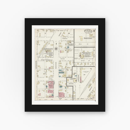 Old map wall art mockup — black gallery frame with white mat — Sanborn Fire Insurance Map from Portland, Jay County, Indiana (1886), Sheet #0003