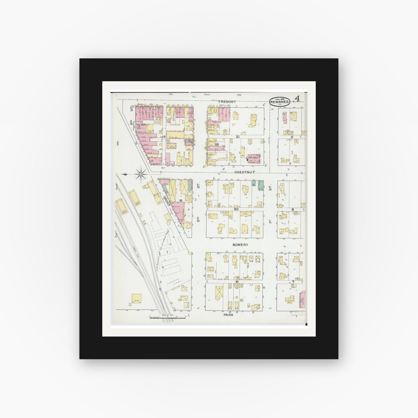 Old map wall art mockup — black gallery frame with white mat — Sanborn Fire Insurance Map from Kewanee, Henry County, Illinois (1892), Sheet #0004