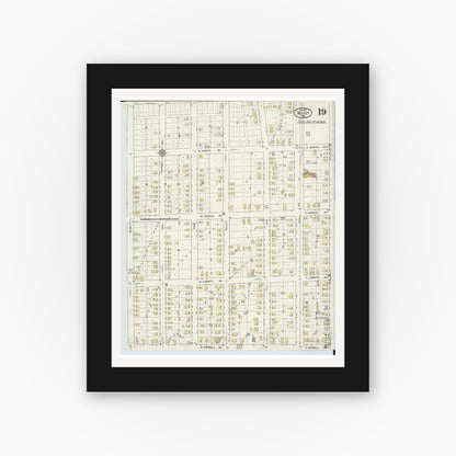 Old map wall art mockup — black gallery frame with white mat — Sanborn Fire Insurance Map from Beloit, Rock County, Wisconsin (1915), Sheet #0019