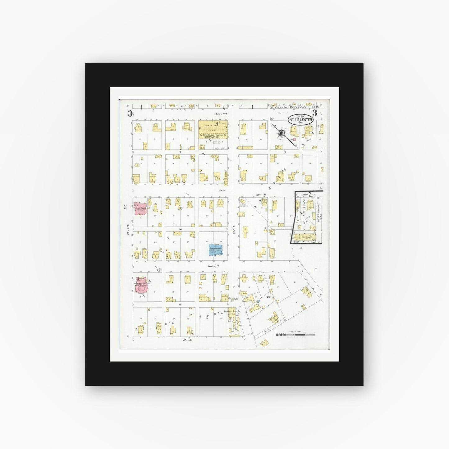 Old map wall art mockup — black gallery frame with white mat — Sanborn Fire Insurance Map from Belle Centre, Logan County, Ohio (1927), Sheet #0003