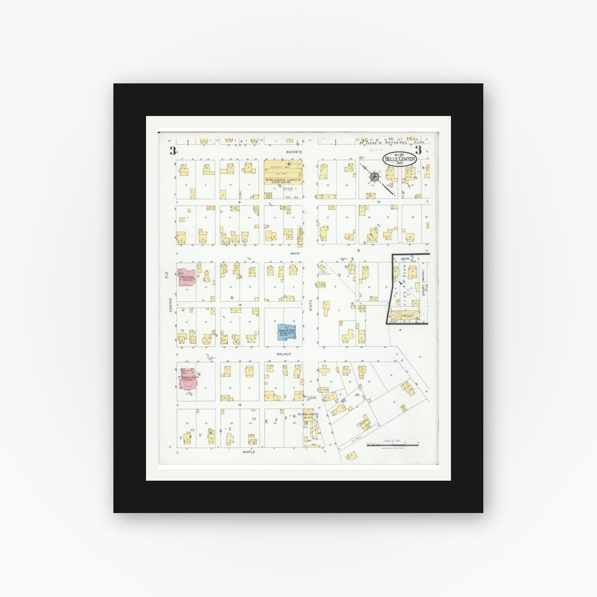 Old map wall art mockup — black gallery frame with white mat — Sanborn Fire Insurance Map from Belle Centre, Logan County, Ohio (1927), Sheet #0003