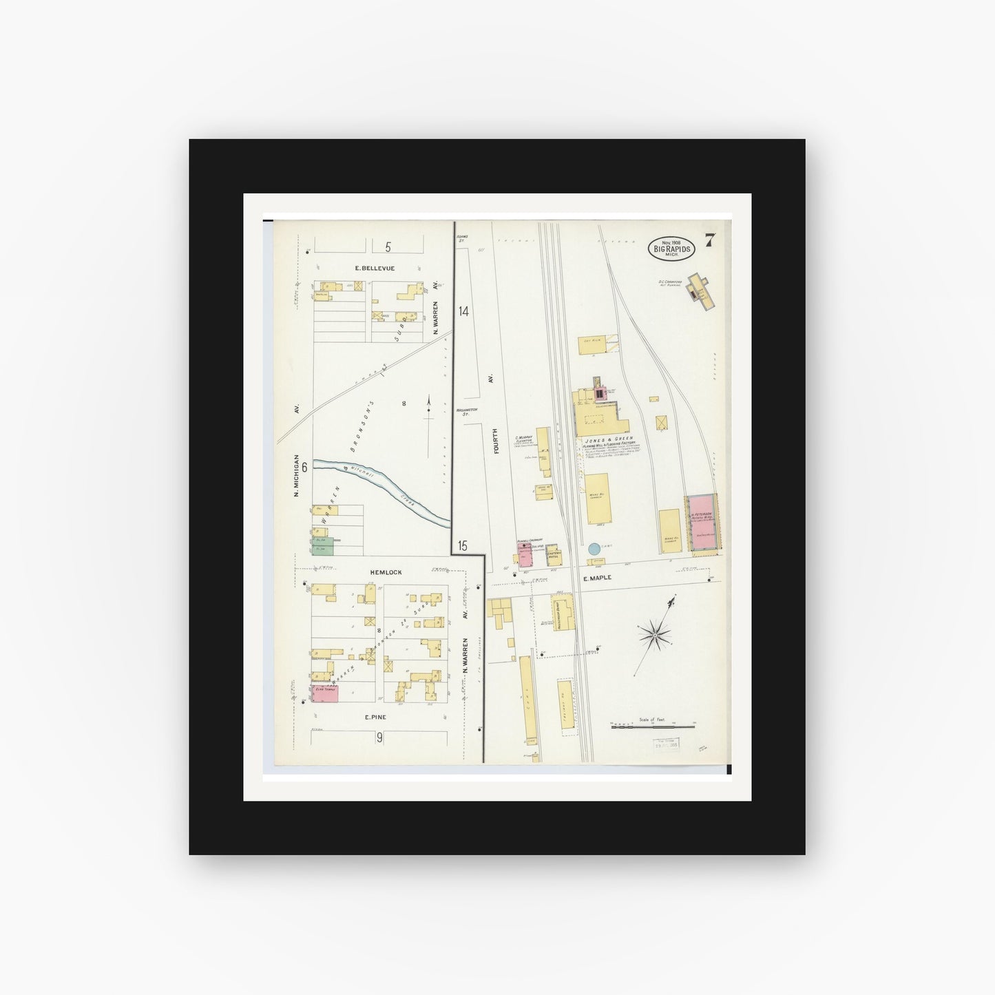 Old map wall art mockup — black gallery frame with white mat — Sanborn Fire Insurance Map from Big Rapids, Mecosta County, Michigan (1908), Sheet #0007