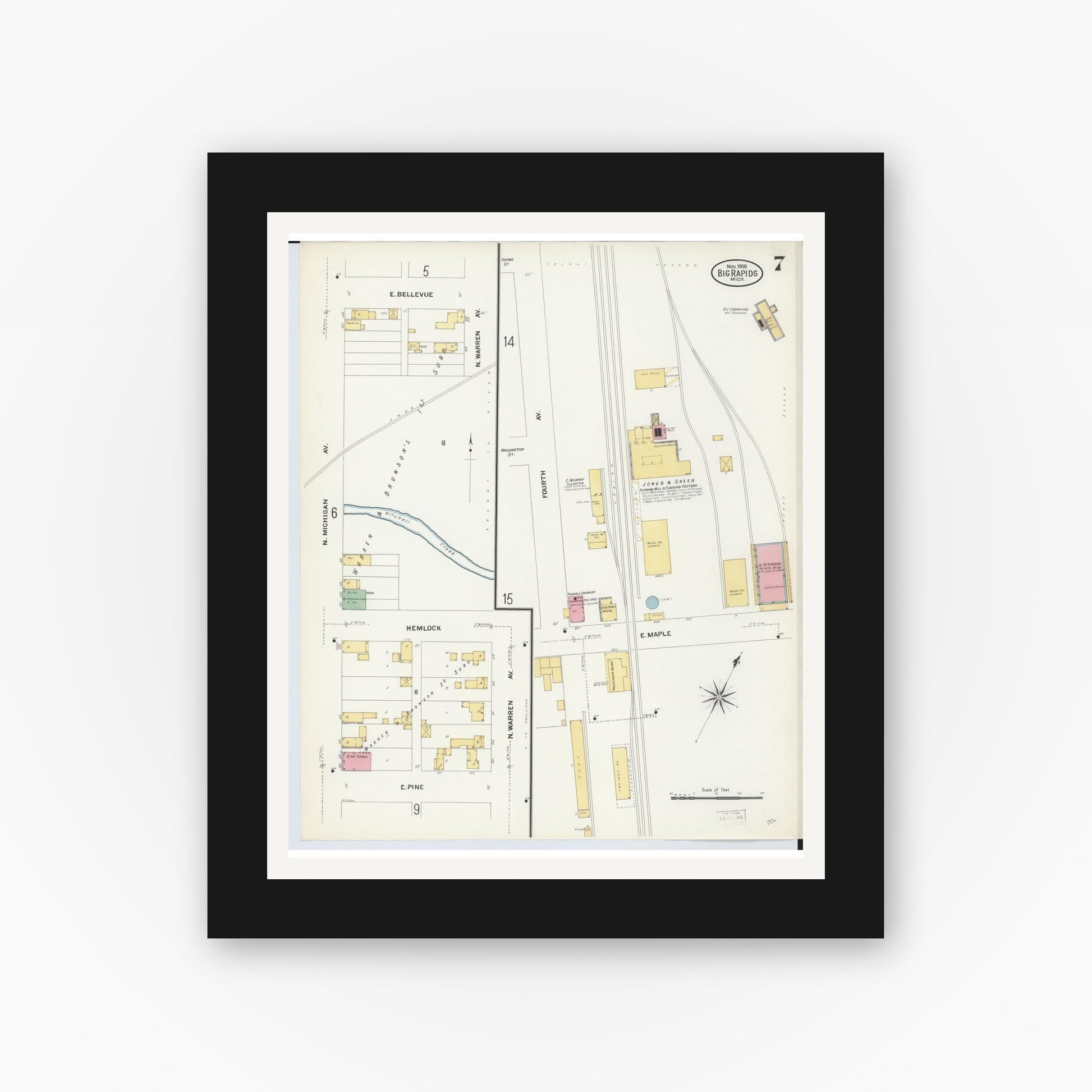 Old map wall art mockup — black gallery frame with white mat — Sanborn Fire Insurance Map from Big Rapids, Mecosta County, Michigan (1908), Sheet #0007