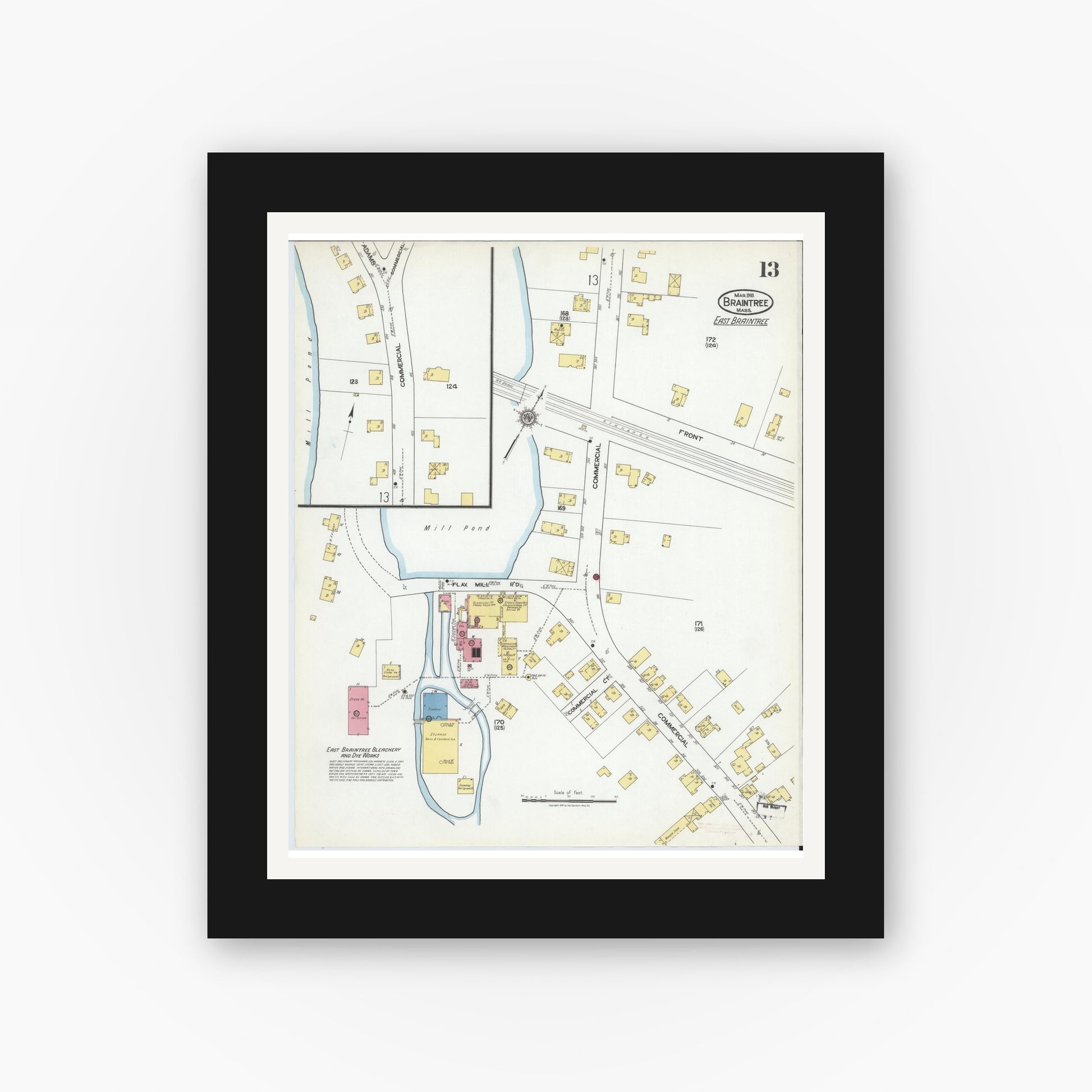 Old map wall art mockup — black gallery frame with white mat — Sanborn Fire Insurance Map from Braintree, Norfolk County, Massachusetts (1919), Sheet #0013
