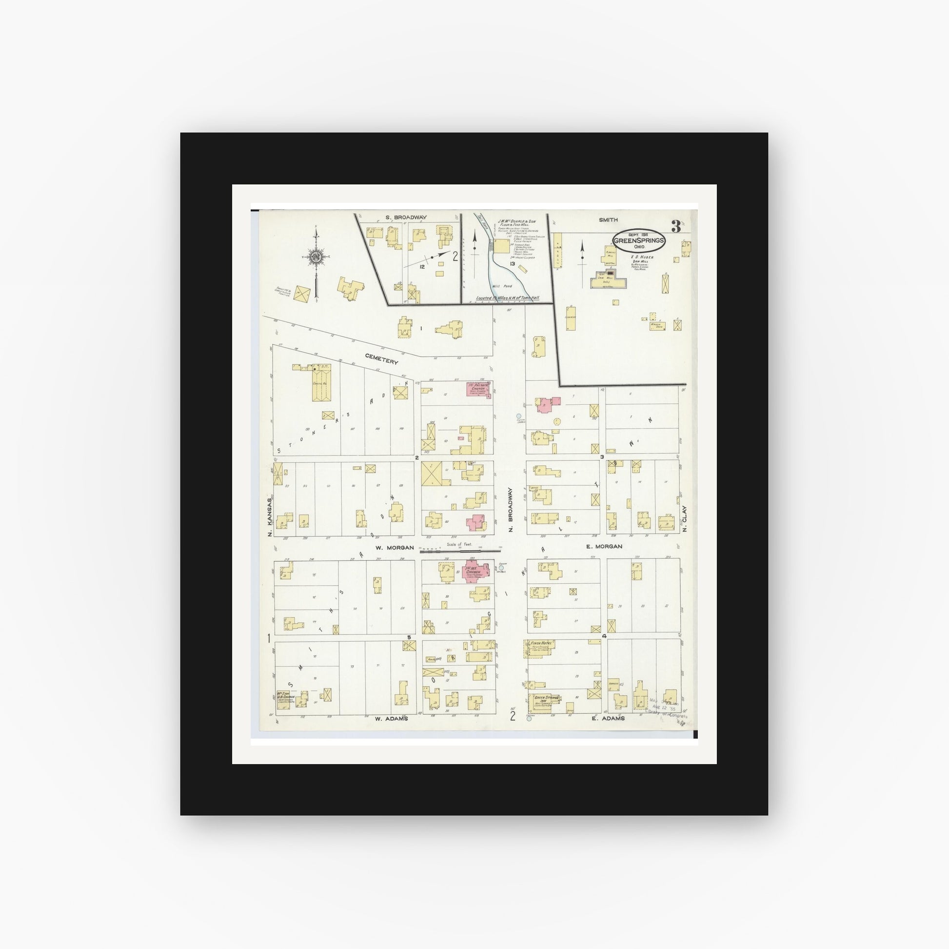 Old map wall art mockup — black gallery frame with white mat — Sanborn Fire Insurance Map from Green Springs, Sandusky And Seneca Counties, Ohio (1911), Sheet #0003