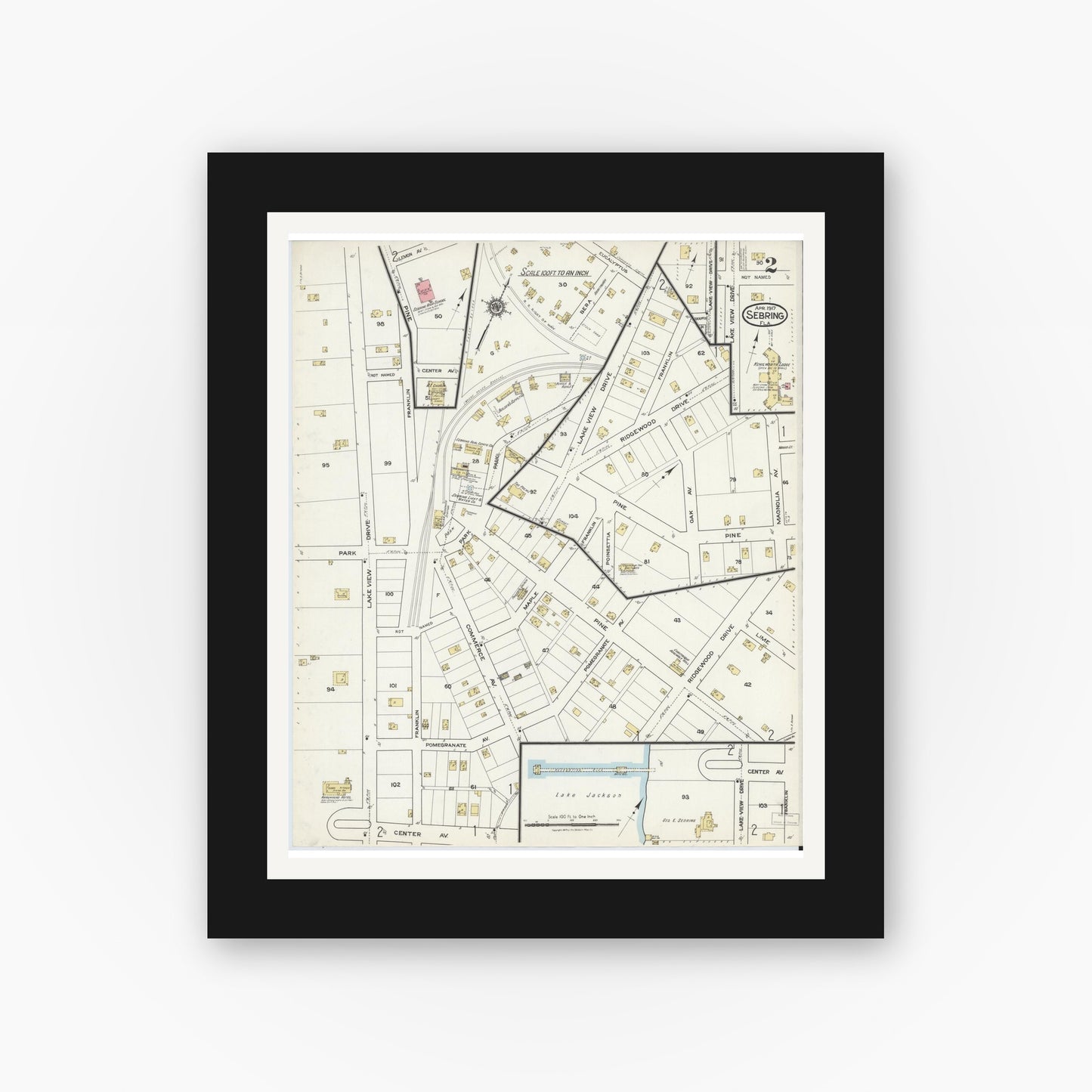 Old map wall art mockup — black gallery frame with white mat — Sanborn Fire Insurance Map from Sebring, Highlands County, Florida (1917), Sheet #0002