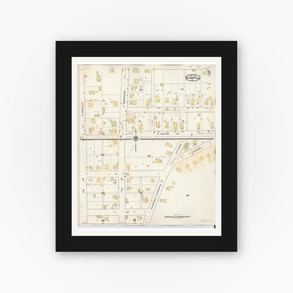 Old map wall art mockup — black gallery frame with white mat — Sanborn Fire Insurance Map from Bloomfield, Greene County, Indiana (1940), Sheet #0009