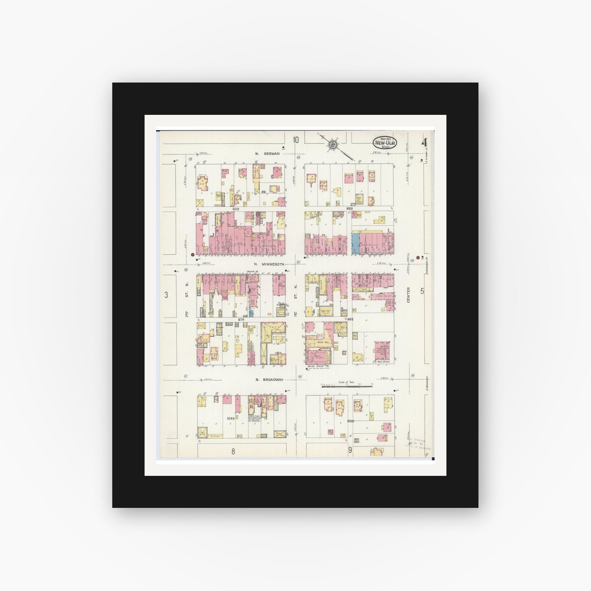 Old map wall art mockup — black gallery frame with white mat — Sanborn Fire Insurance Map from New Ulm, Brown County, Minnesota (1913), Sheet #0004