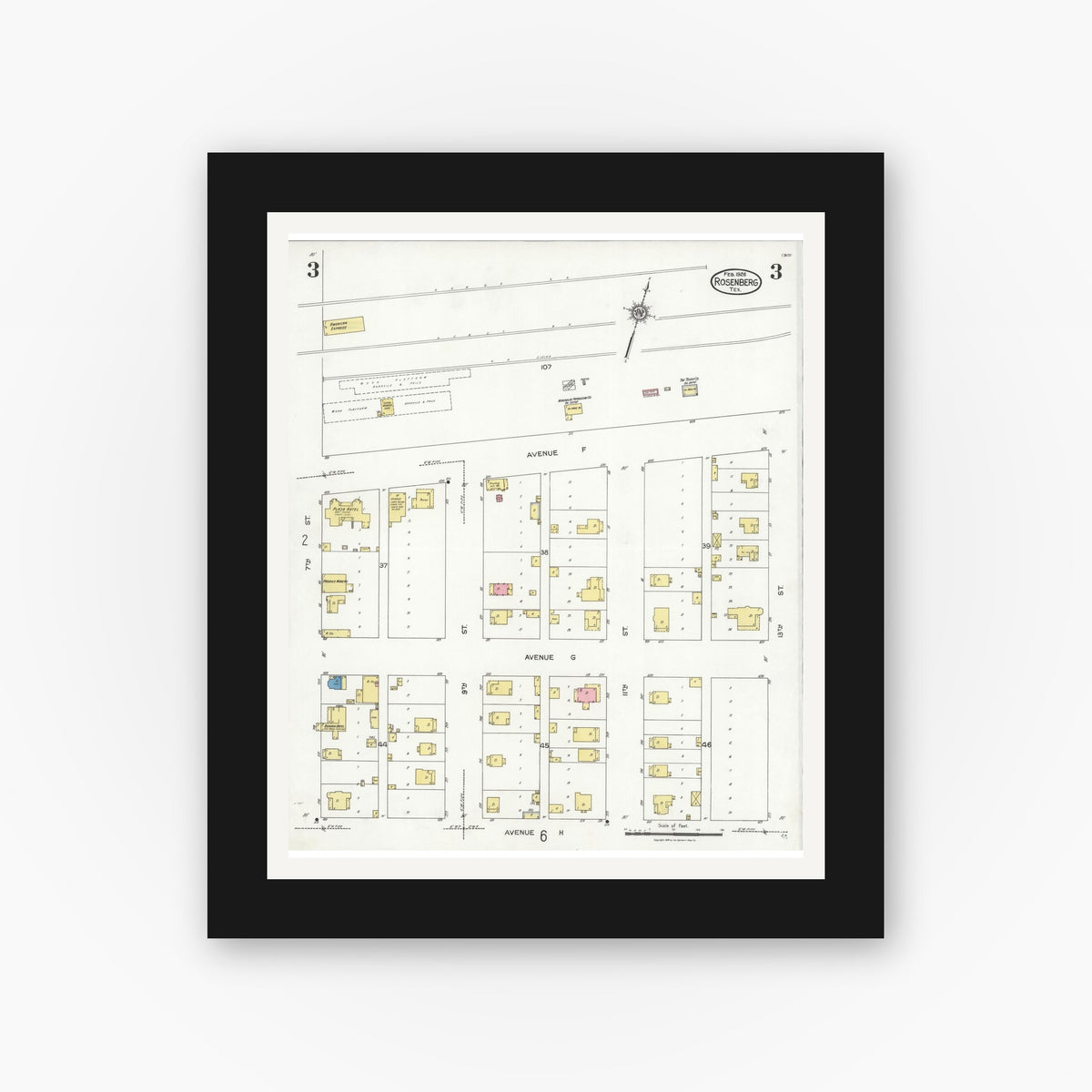 Old map wall art mockup — black gallery frame with white mat — Sanborn Fire Insurance Map from Rosenberg, Fort Bend County, Texas (1926), Sheet #0003
