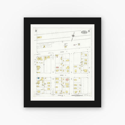 Old map wall art mockup — black gallery frame with white mat — Sanborn Fire Insurance Map from Rosenberg, Fort Bend County, Texas (1926), Sheet #0003