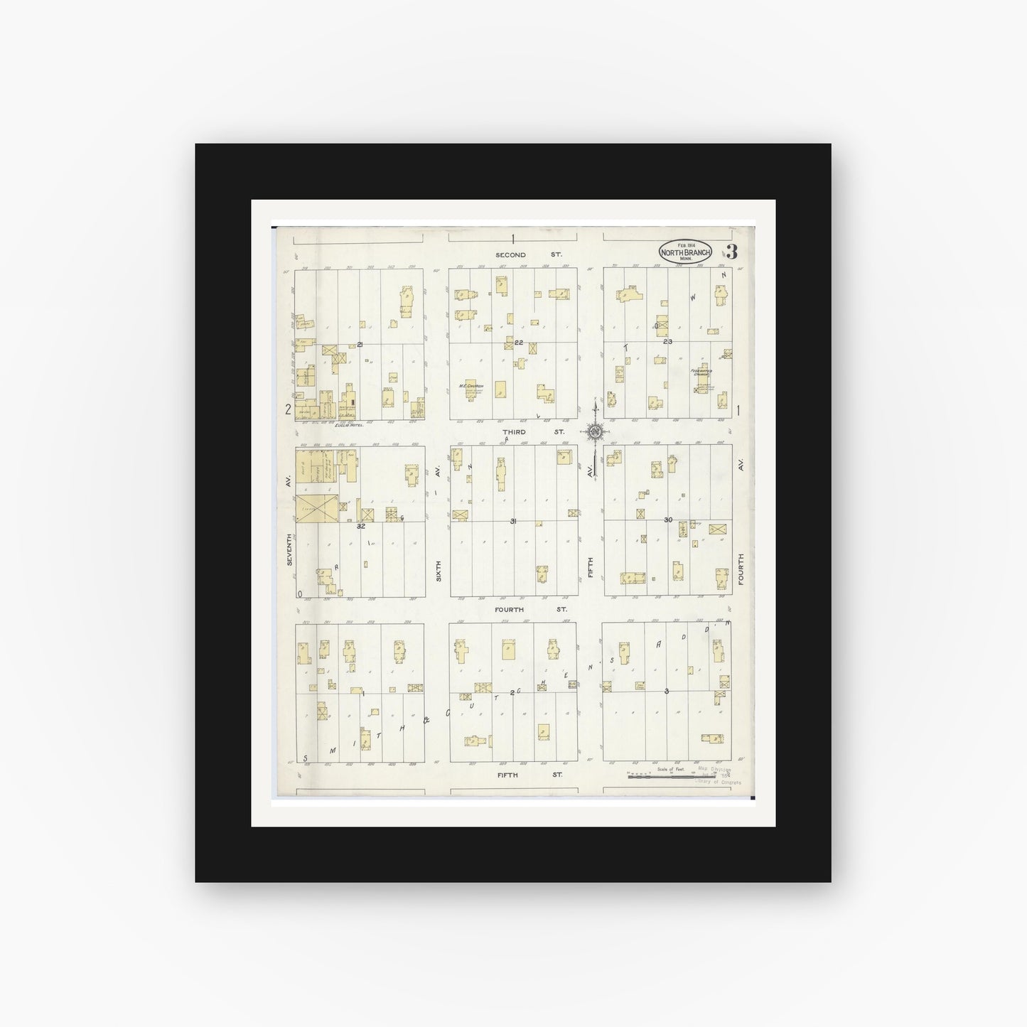 Old map wall art mockup — black gallery frame with white mat — Sanborn Fire Insurance Map from North Branch, Chisago County, Minnesota (1914), Sheet #0003