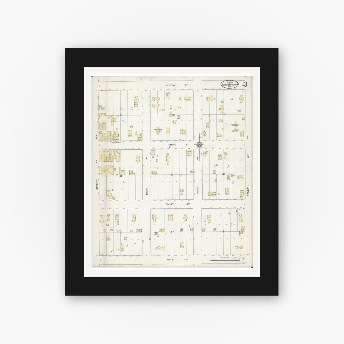 Old map wall art mockup — black gallery frame with white mat — Sanborn Fire Insurance Map from North Branch, Chisago County, Minnesota (1914), Sheet #0003