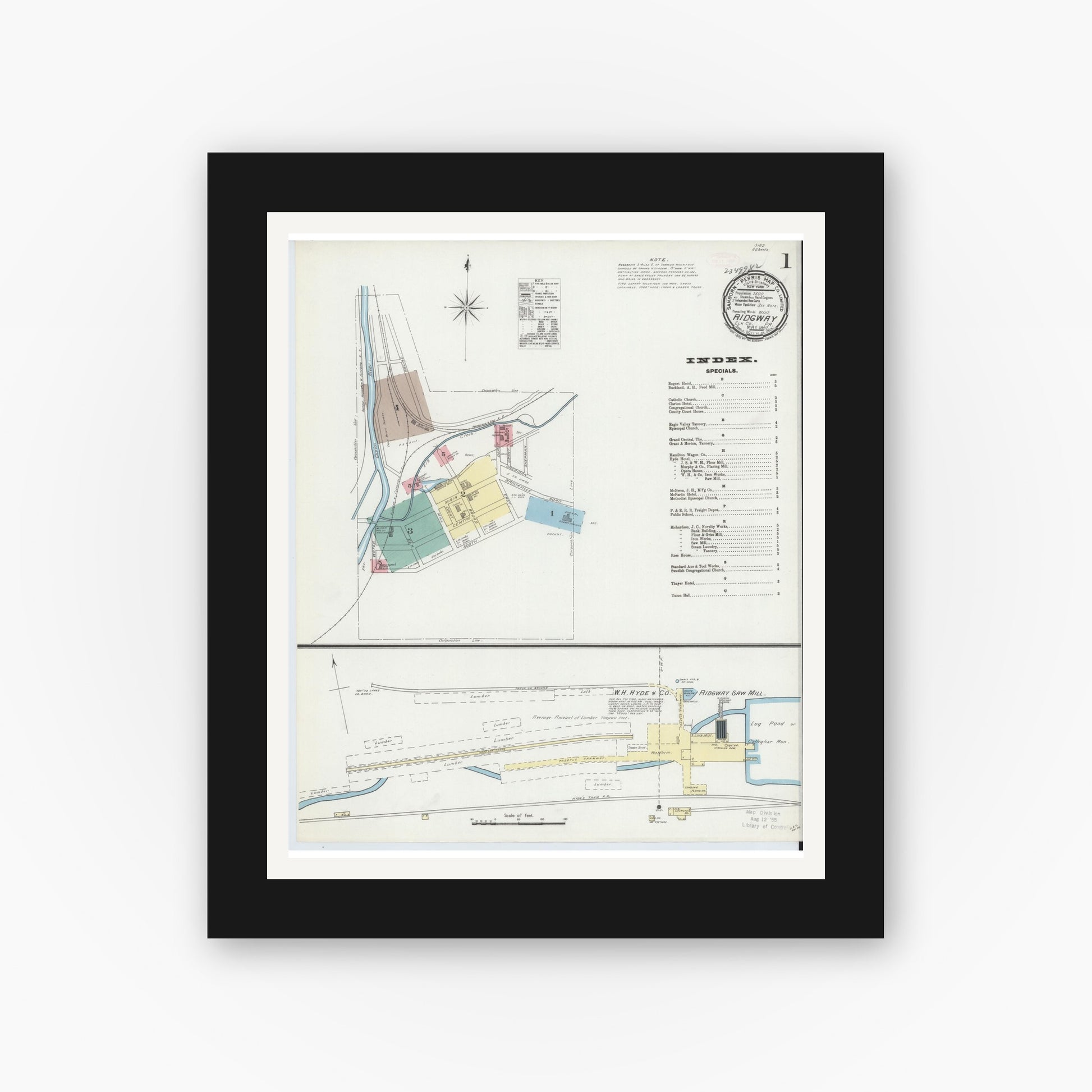 Old map wall art mockup — black gallery frame with white mat — Sanborn Fire Insurance Map from Ridgway, Elk County, Pennsylvania (1892) - Complete Map Set