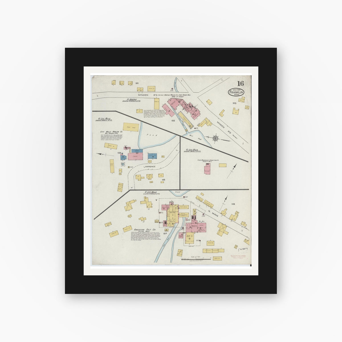 Old map wall art mockup — black gallery frame with white mat — Sanborn Fire Insurance Map from Franklin, Norfolk County, Massachusetts (1919), Sheet #0016