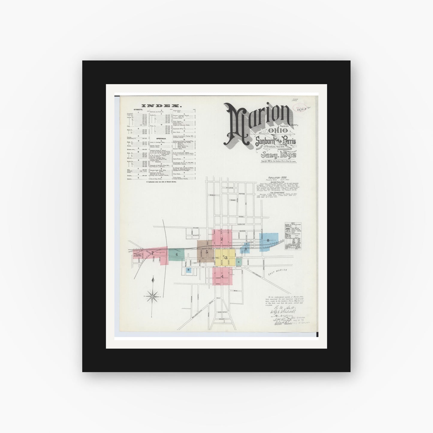 Old map wall art mockup — black gallery frame with white mat — Sanborn Fire Insurance Map from Marion, Marion County, Ohio (1892), Sheet #0001