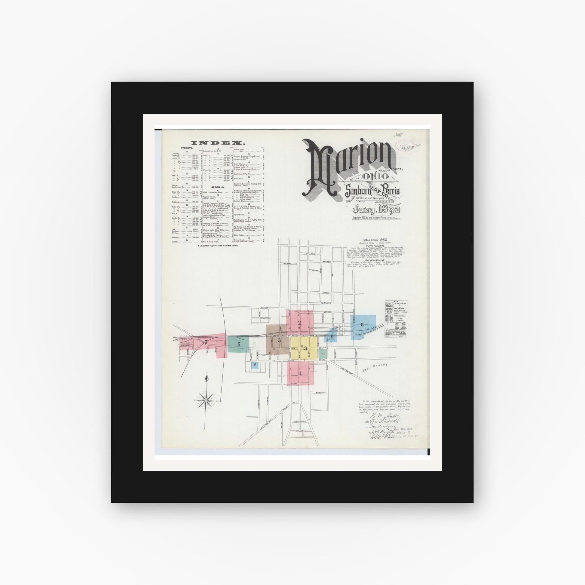 Old map wall art mockup — black gallery frame with white mat — Sanborn Fire Insurance Map from Marion, Marion County, Ohio (1892), Sheet #0001