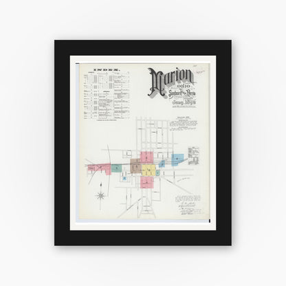 Old map wall art mockup — black gallery frame with white mat — Sanborn Fire Insurance Map from Marion, Marion County, Ohio (1892), Sheet #0001