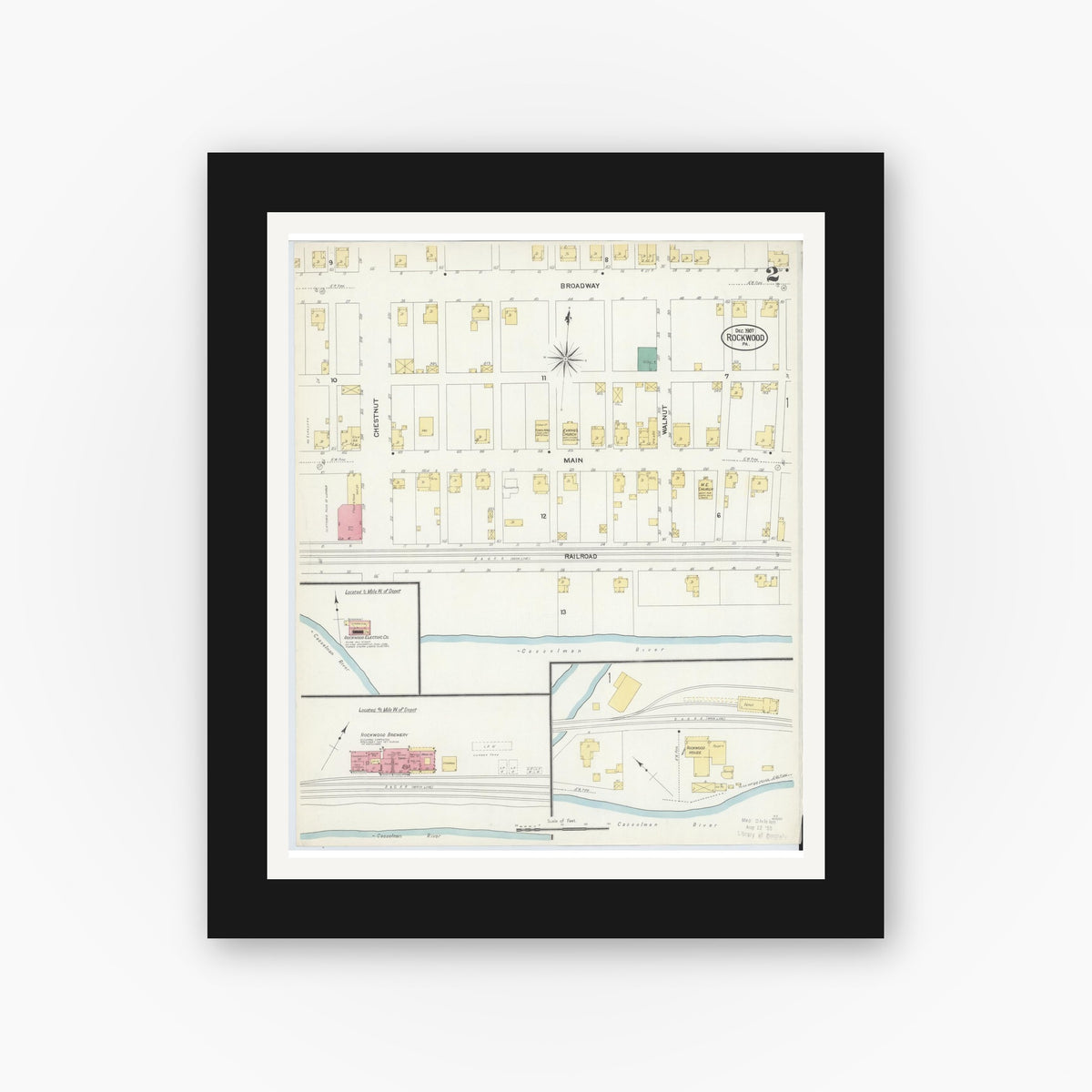 Old map wall art mockup — black gallery frame with white mat — Sanborn Fire Insurance Map from Rockwood, Somerset County, Pennsylvania (1907), Sheet #0002