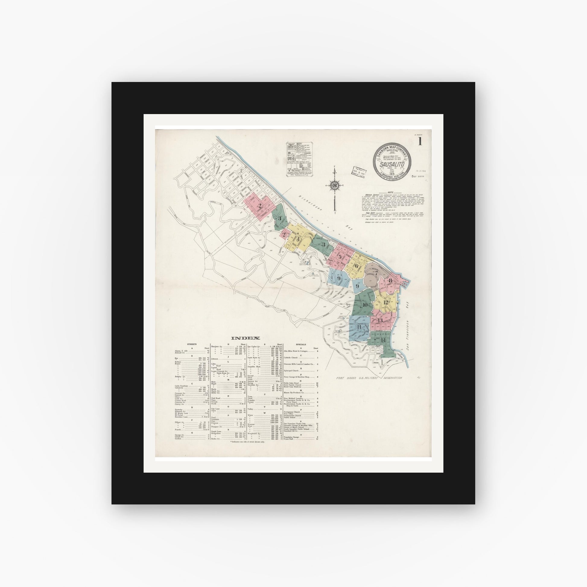 Old map wall art mockup — black gallery frame with white mat — Sanborn Fire Insurance Map from Sausalito, Marin County, California (1919) - Complete Map Set