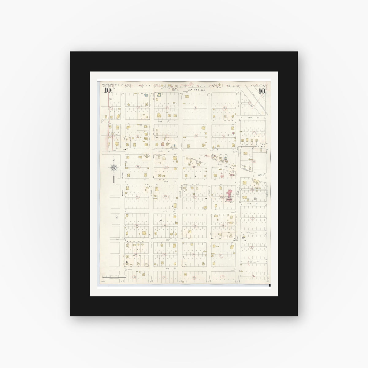 Old map wall art mockup — black gallery frame with white mat — Sanborn Fire Insurance Map from Snyder, Scurry County, Texas (1942), Sheet #0010