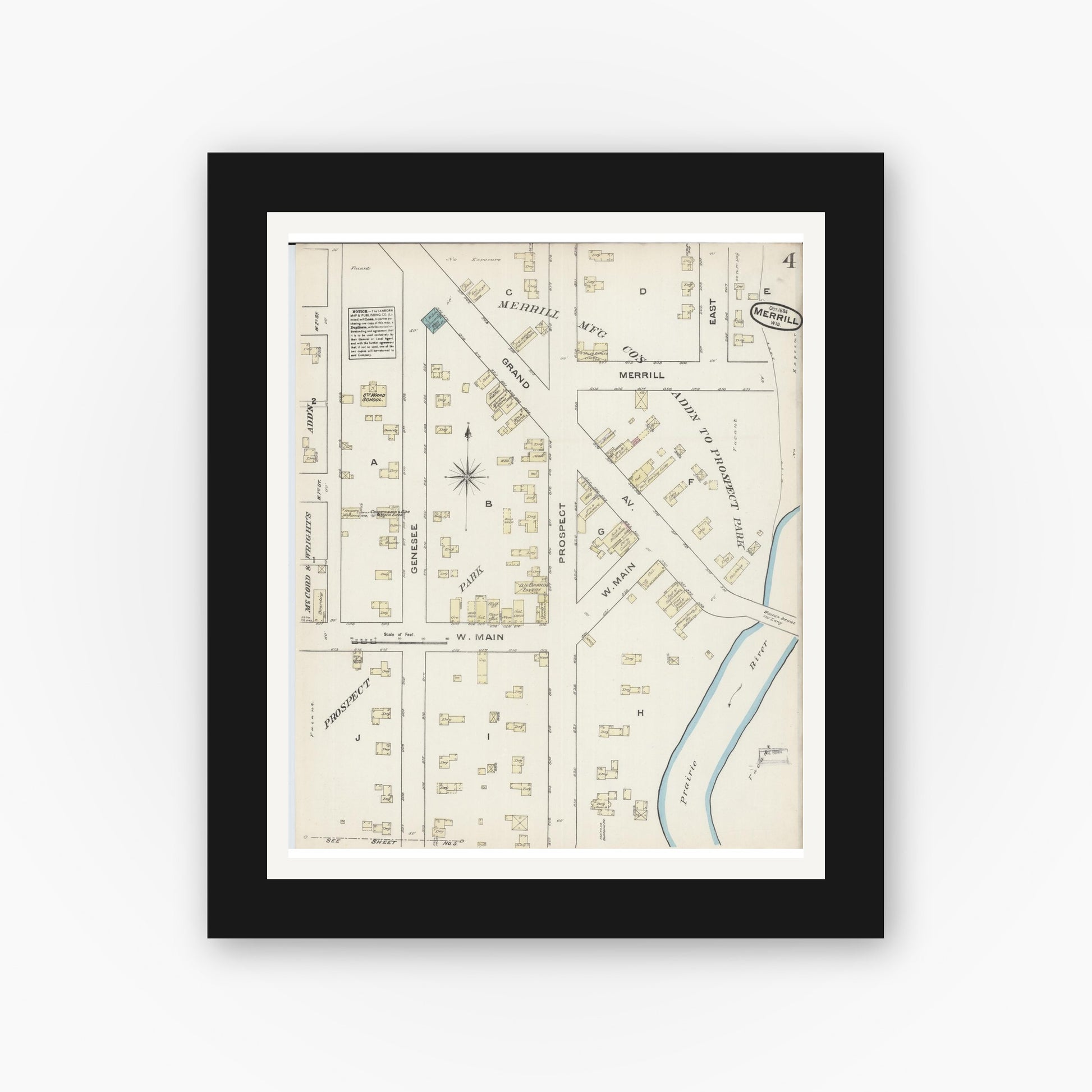 Old map wall art mockup — black gallery frame with white mat — Sanborn Fire Insurance Map from Merrill, Lincoln County, Wisconsin (1884), Sheet #0004