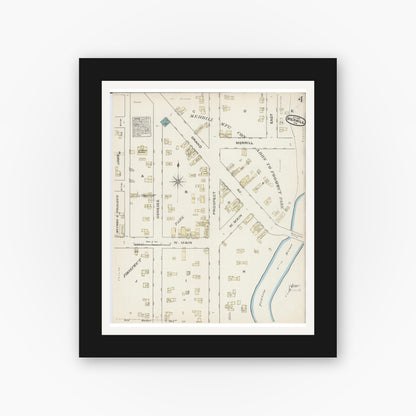 Old map wall art mockup — black gallery frame with white mat — Sanborn Fire Insurance Map from Merrill, Lincoln County, Wisconsin (1884), Sheet #0004