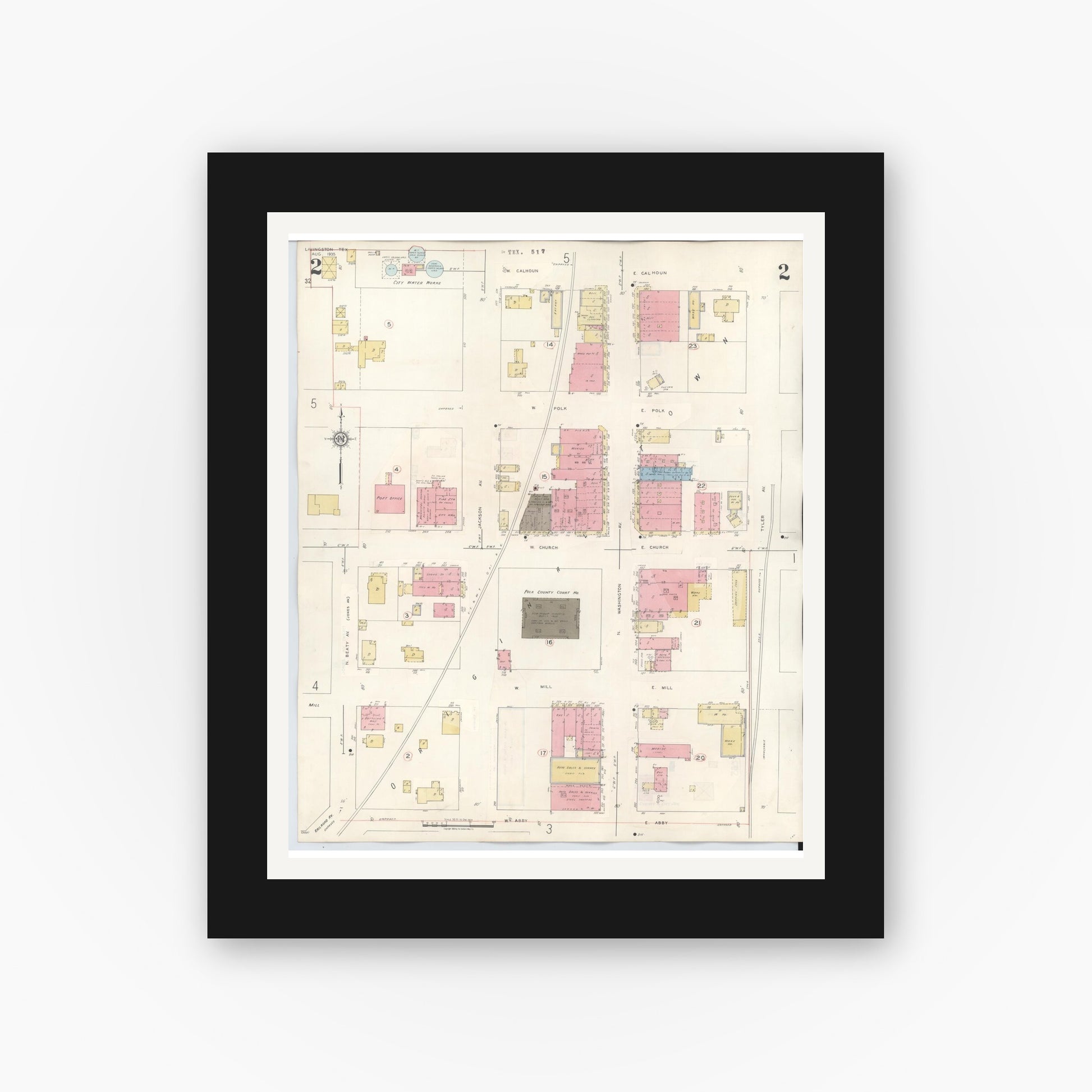 Old map wall art mockup — black gallery frame with white mat — Sanborn Fire Insurance Map from Livingston, Polk County, Texas (1943), Sheet #0002