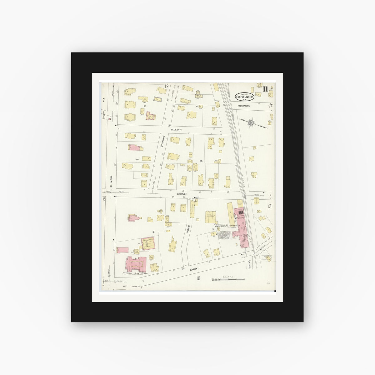 Old map wall art mockup — black gallery frame with white mat — Sanborn Fire Insurance Map from Gouverneur, Saint Lawrence County, New York (1912), Sheet #0011