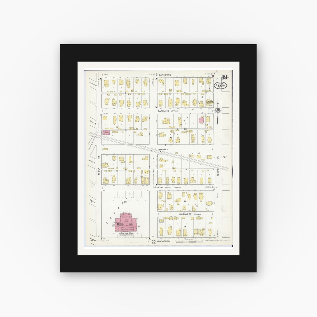 Old map wall art mockup — black gallery frame with white mat — Sanborn Fire Insurance Map from Pekin, Tazewell County, Illinois (1916), Sheet #0019