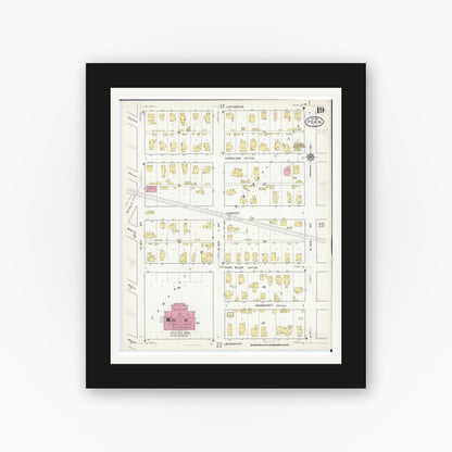 Old map wall art mockup — black gallery frame with white mat — Sanborn Fire Insurance Map from Pekin, Tazewell County, Illinois (1916), Sheet #0019
