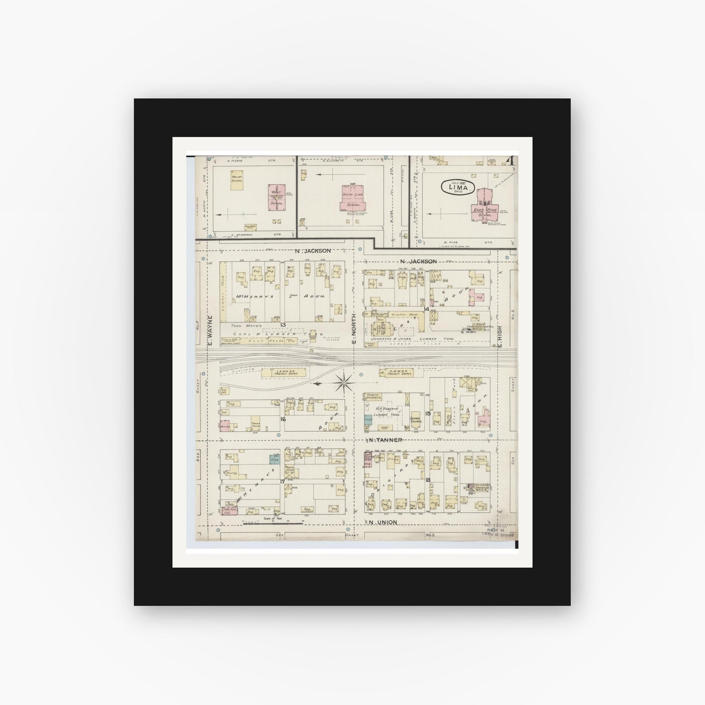 Old map wall art mockup — black gallery frame with white mat — Sanborn Fire Insurance Map from Lima, Allen County, Ohio (1887), Sheet #0004