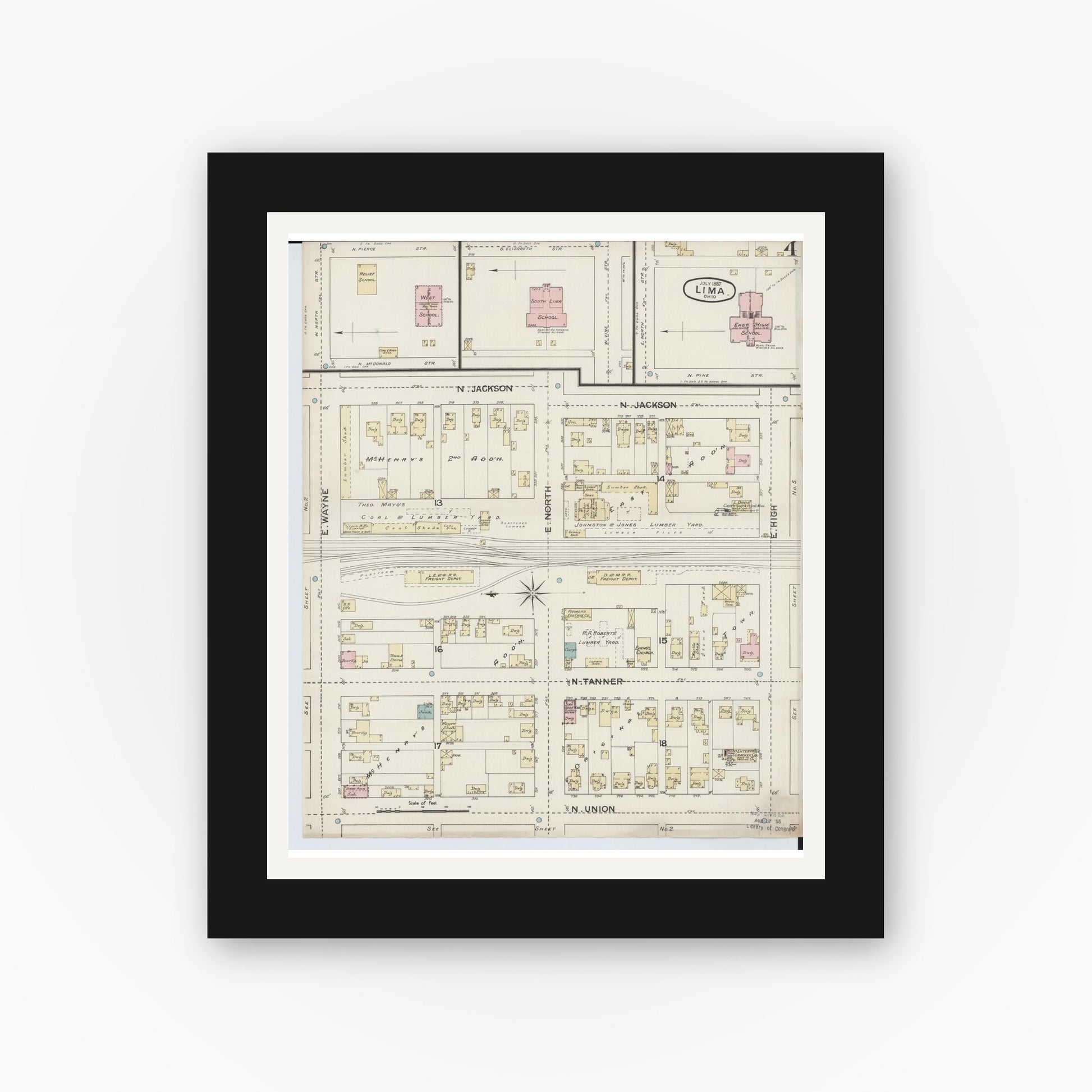 Old map wall art mockup — black gallery frame with white mat — Sanborn Fire Insurance Map from Lima, Allen County, Ohio (1887), Sheet #0004