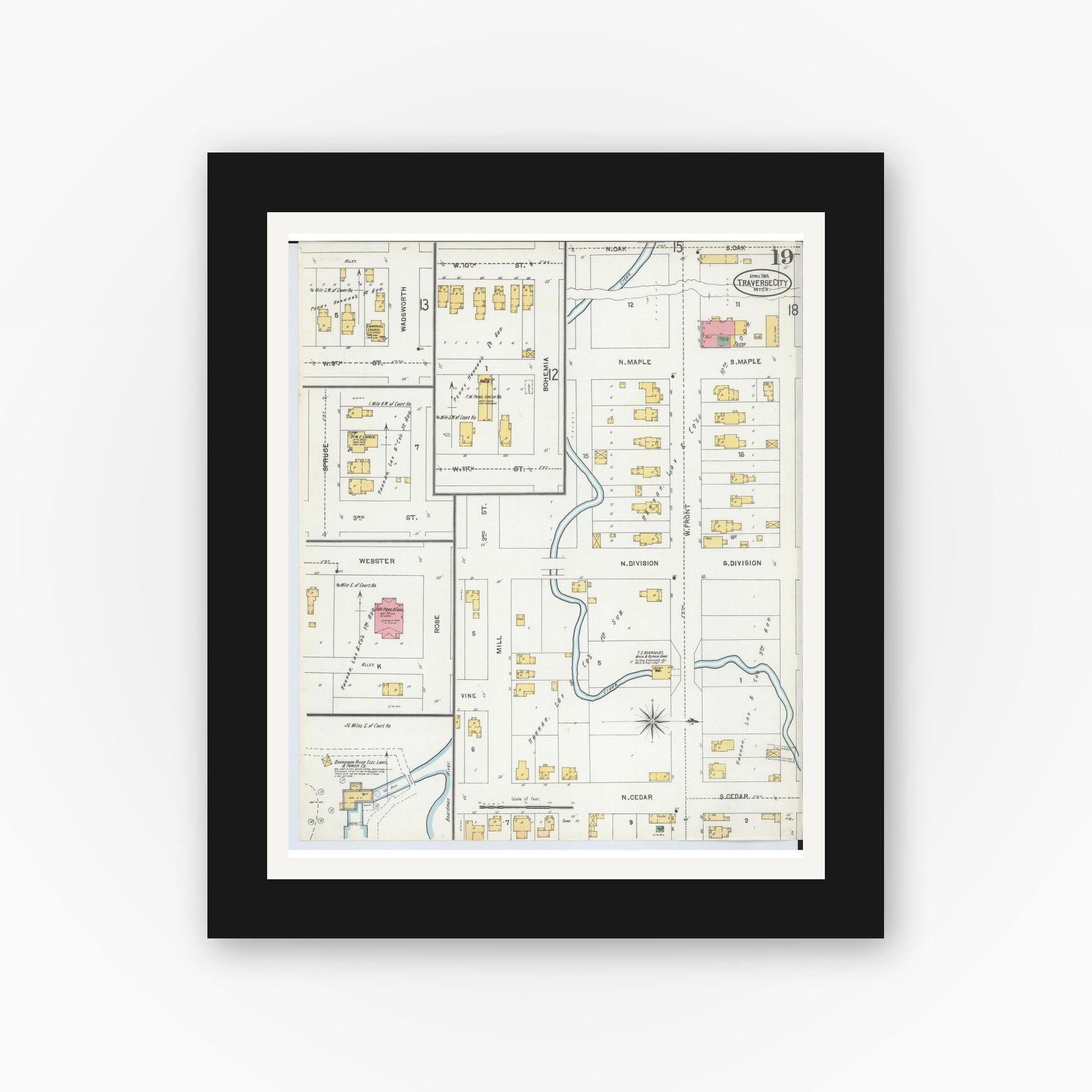 Old map wall art mockup — black gallery frame with white mat — Sanborn Fire Insurance Map from Traverse City, Grand Traverse County, Michigan (1904), Sheet #0019