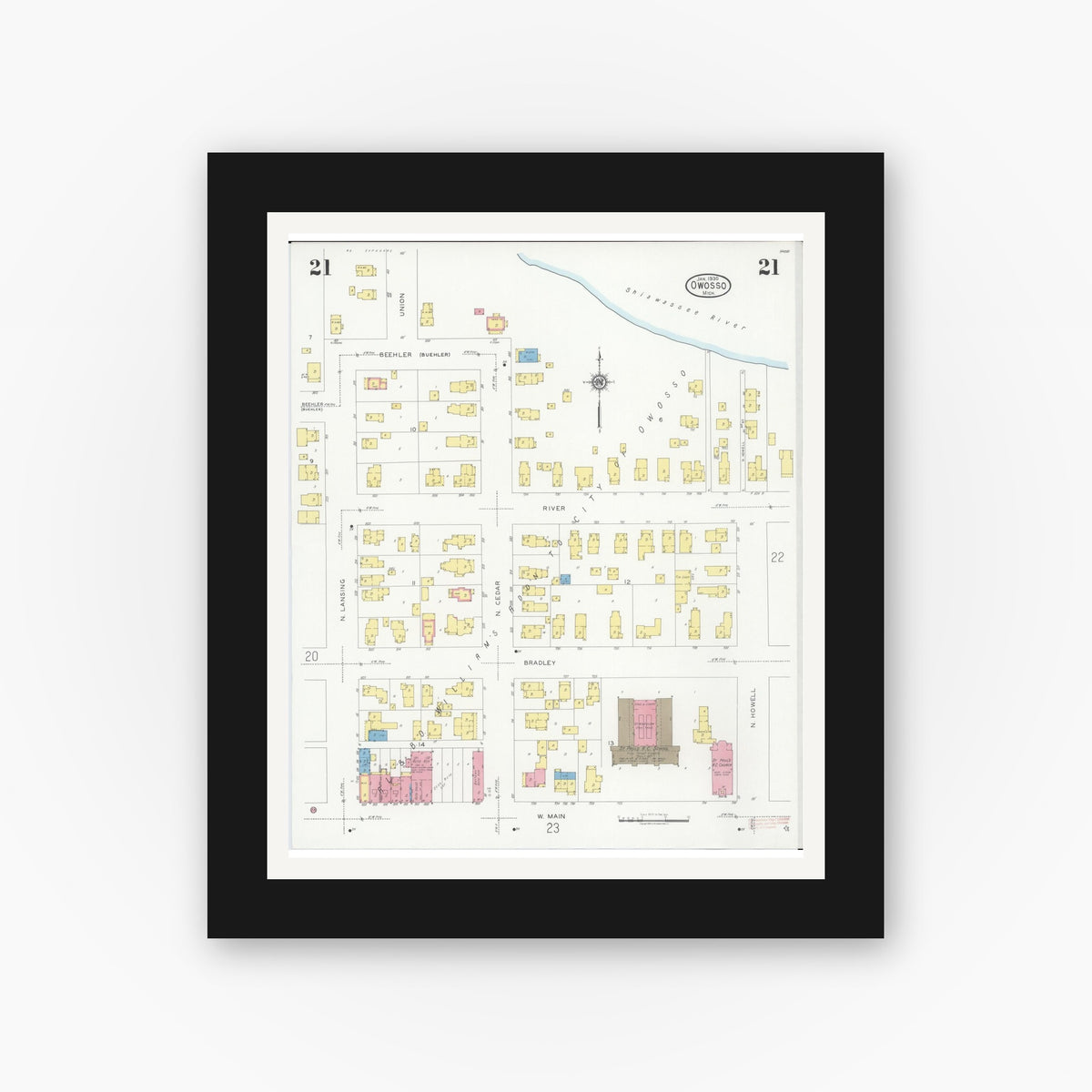 Old map wall art mockup — black gallery frame with white mat — Sanborn Fire Insurance Map from Owosso, Shiawassee County, Michigan (1930), Sheet #0021
