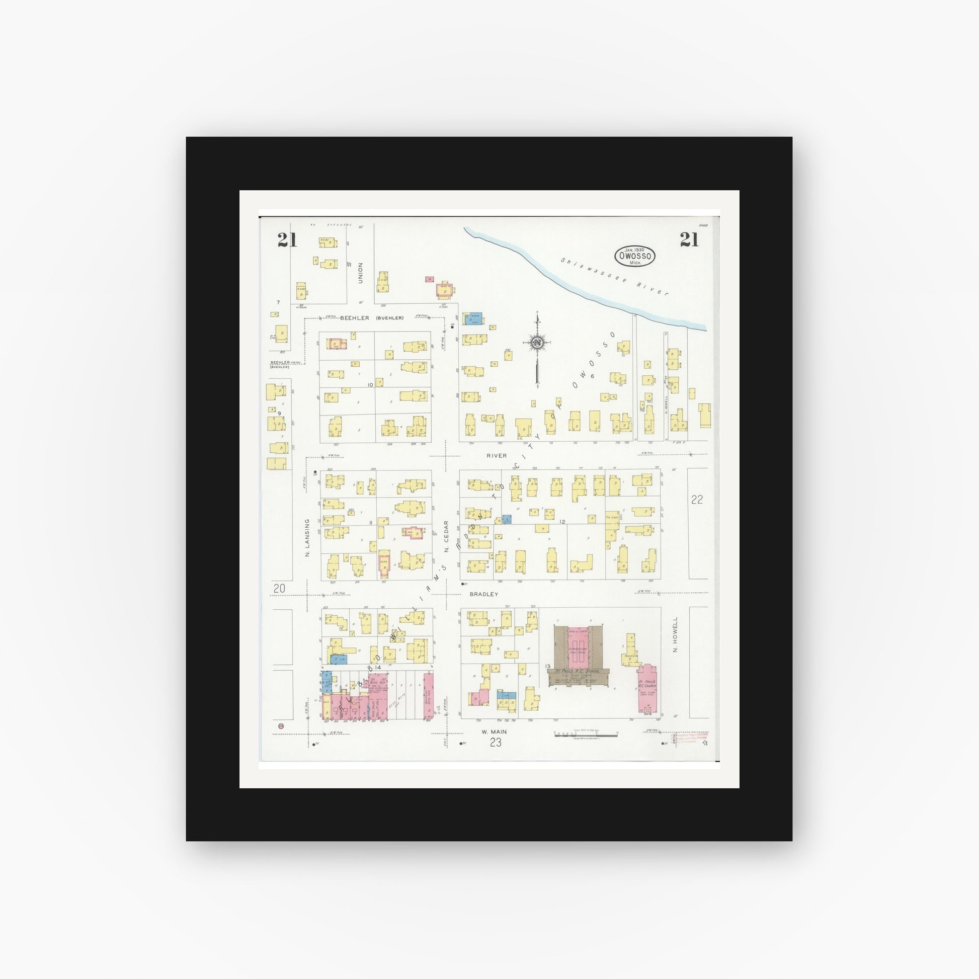 Old map wall art mockup — black gallery frame with white mat — Sanborn Fire Insurance Map from Owosso, Shiawassee County, Michigan (1930), Sheet #0021