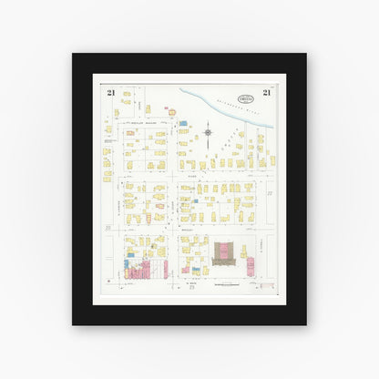 Old map wall art mockup — black gallery frame with white mat — Sanborn Fire Insurance Map from Owosso, Shiawassee County, Michigan (1930), Sheet #0021