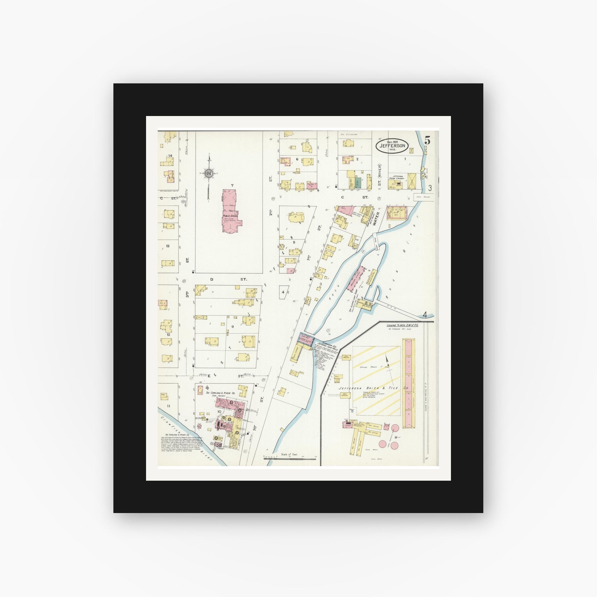Old map wall art mockup — black gallery frame with white mat — Sanborn Fire Insurance Map from Jefferson, Jefferson County, Wisconsin (1909), Sheet #0005