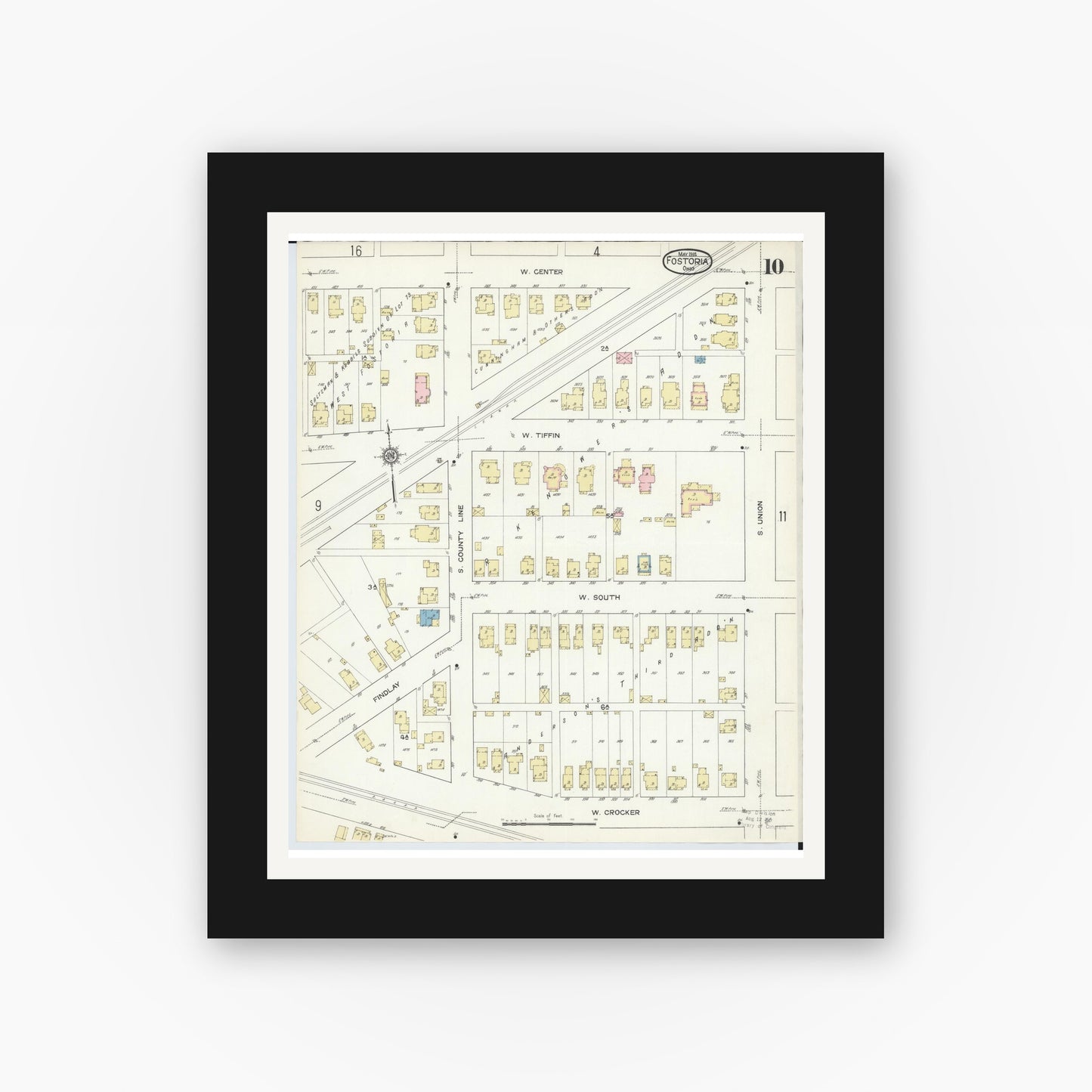 Old map wall art mockup — black gallery frame with white mat — Sanborn Fire Insurance Map from Fostoria, Seneca, Hancock, And Wood Counties, Ohio (1914), Sheet #0010