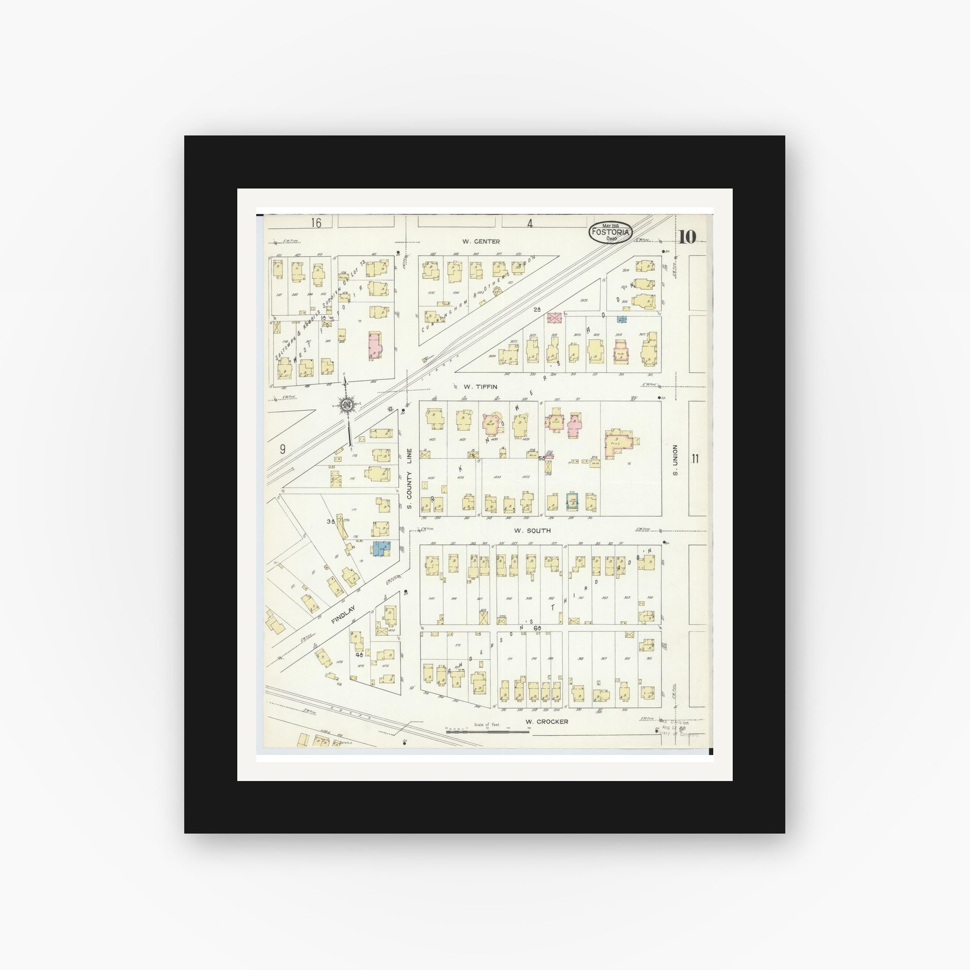 Old map wall art mockup — black gallery frame with white mat — Sanborn Fire Insurance Map from Fostoria, Seneca, Hancock, And Wood Counties, Ohio (1914), Sheet #0010