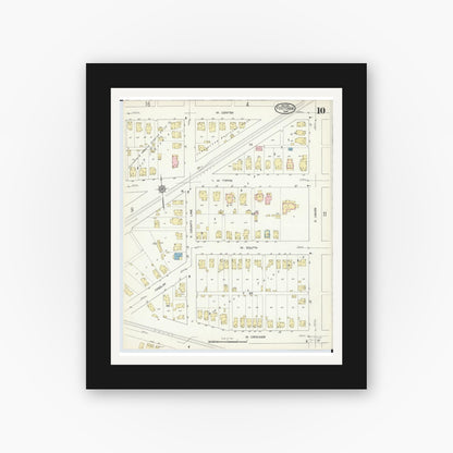 Old map wall art mockup — black gallery frame with white mat — Sanborn Fire Insurance Map from Fostoria, Seneca, Hancock, And Wood Counties, Ohio (1914), Sheet #0010