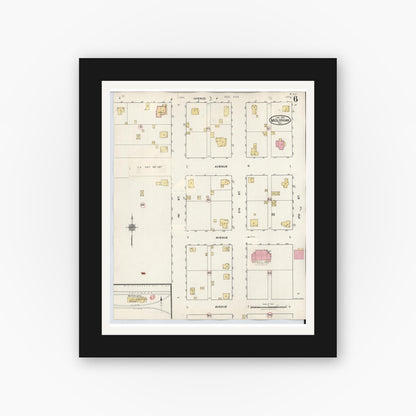 Old map wall art mockup — black gallery frame with white mat — Sanborn Fire Insurance Map from Midlothian, Ellis County, Texas (1944), Sheet #0006