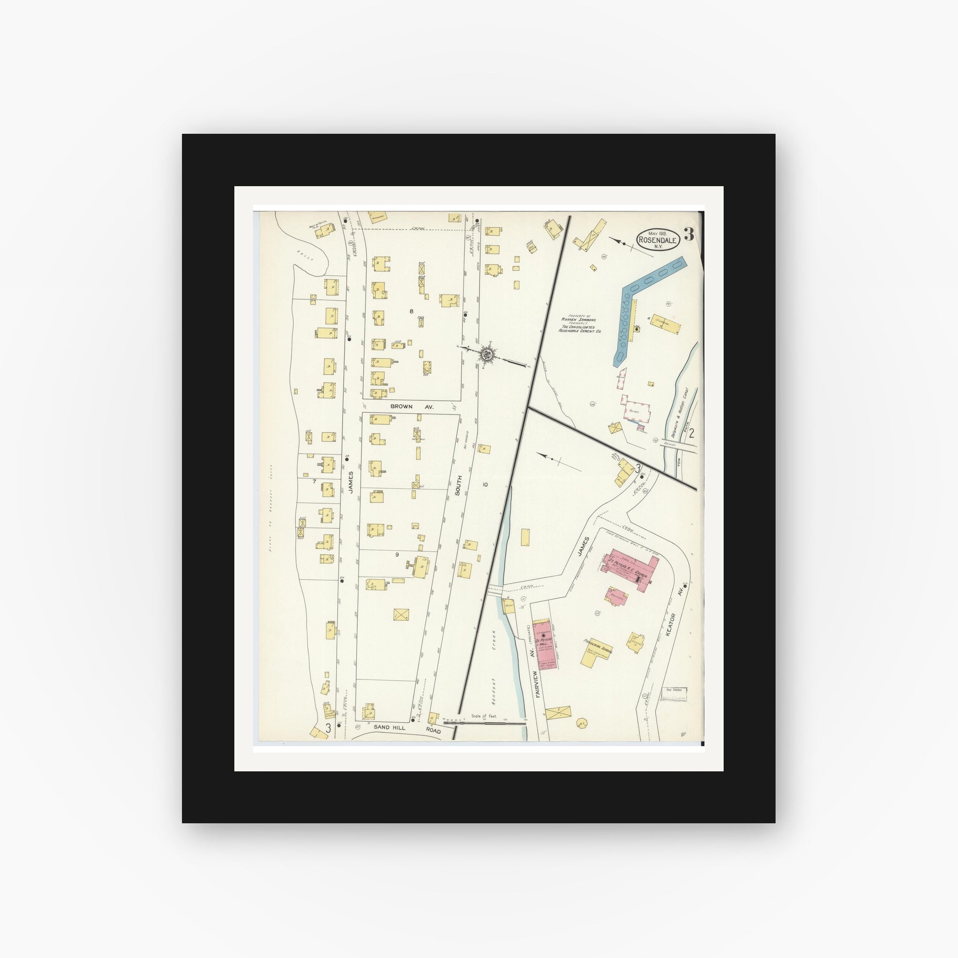 Old map wall art mockup — black gallery frame with white mat — Sanborn Fire Insurance Map from Rosendale, Ulster County, New York (1913), Sheet #0003
