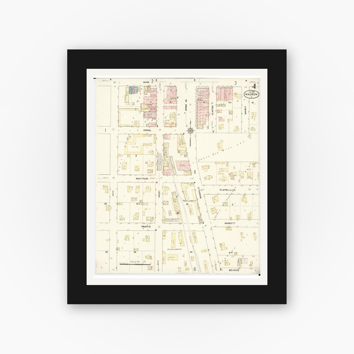 Old map wall art mockup — black gallery frame with white mat — Sanborn Fire Insurance Map from Waukon, Allamakee County, Iowa (1913), Sheet #0004